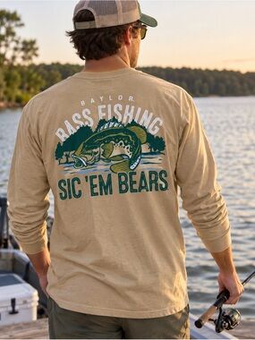 Baylor Bears Bass Fishing Long Sleeve Tee Yellow Sic ’Em 100% Cotton